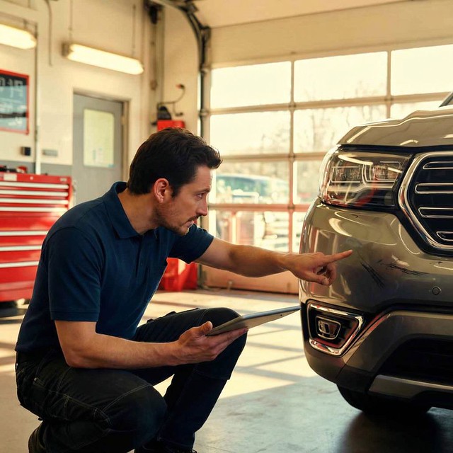 technician doing an inspection-Paintless dent repair Sherrill Paint & Body technician doing an inspection-Paintless dent repair Sherrill Paint & Body