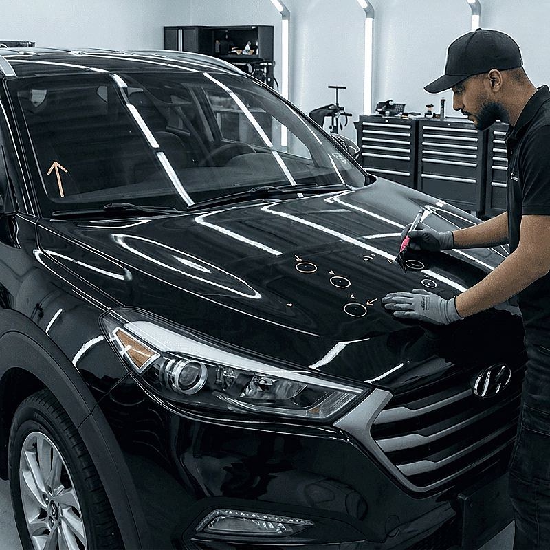 Hail Damage PDR inspection on Hyundai-Paint Repair Sherrill Paint & Body